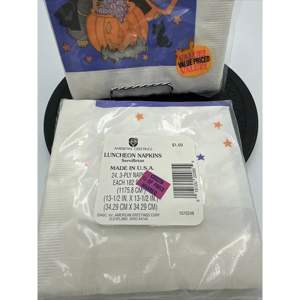 Lot of 2- Vintage American Greetings Napkins Teddy Bears Witches Jack O Lantern